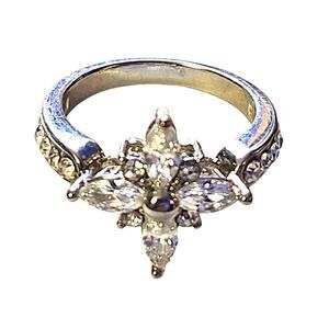 Art Deco Style Marquise Starburst Cluster Silver Ring Sz 6